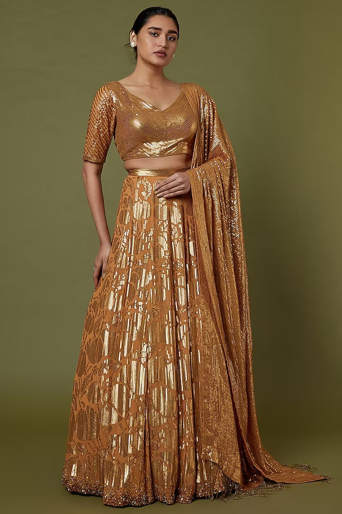 Mandarin Orange Silk Chiffon Lehenga Set