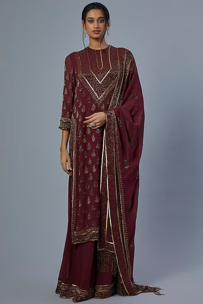 Wine Embroidered Kurta Set