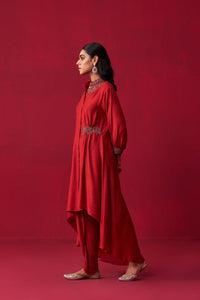 Red Metallic Bliss Shirt Style Tunic, and Dhoti Pants Set