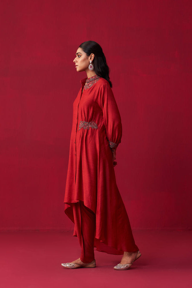 Red Metallic Bliss Shirt Style Tunic, and Dhoti Pants Set