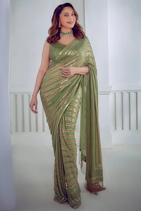 Pista Silk Chiffon Embroidered Saree Set