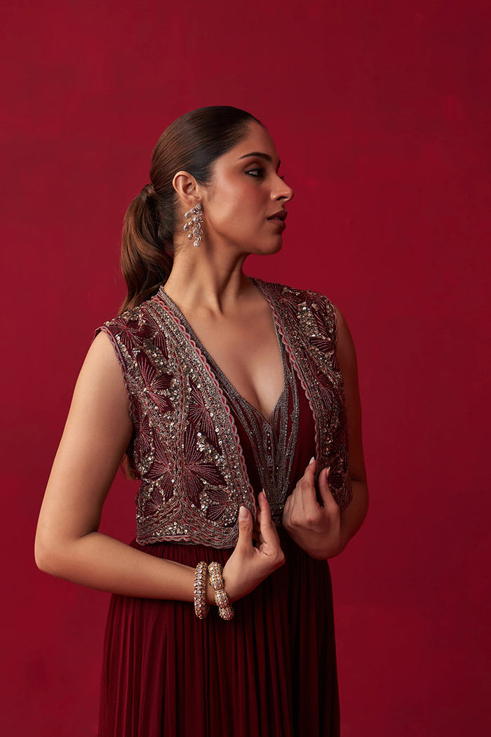 Maroon Glitch Gold Jacket Jumpsuit Set