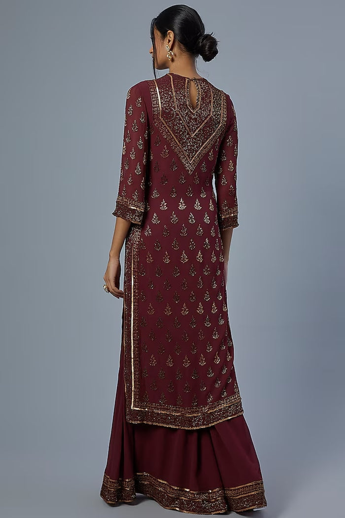 Wine Embroidered Kurta Set