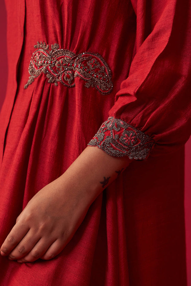 Red Metallic Bliss Shirt Style Tunic, and Dhoti Pants Set