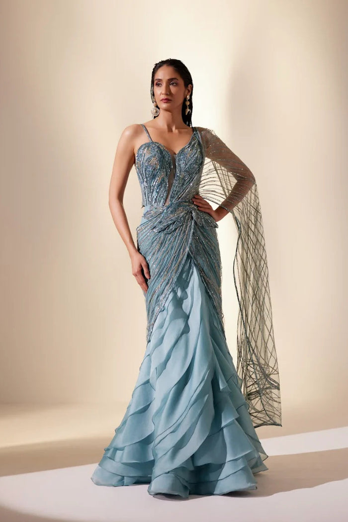 Twilight teal stream saree