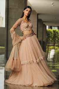 Katrina Kaif in Nude Sheer Back Blouse Lehenga Set