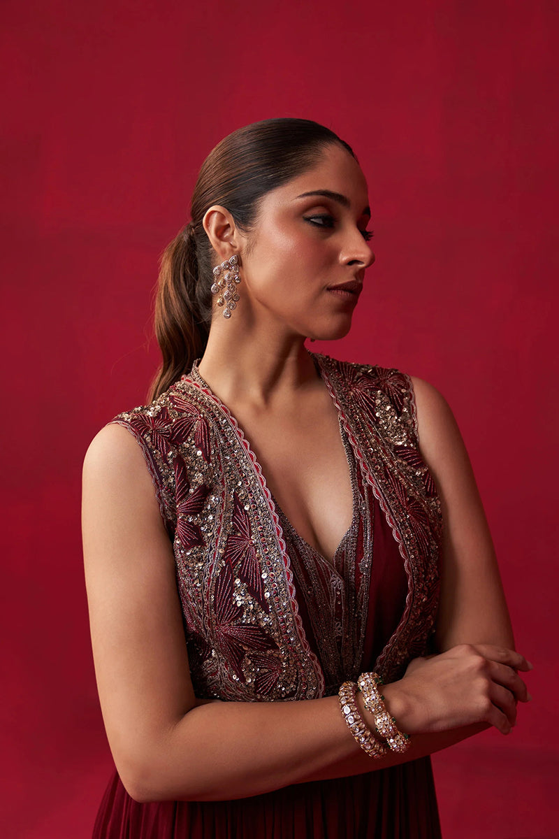 Maroon Glitch Gold Jacket Jumpsuit Set