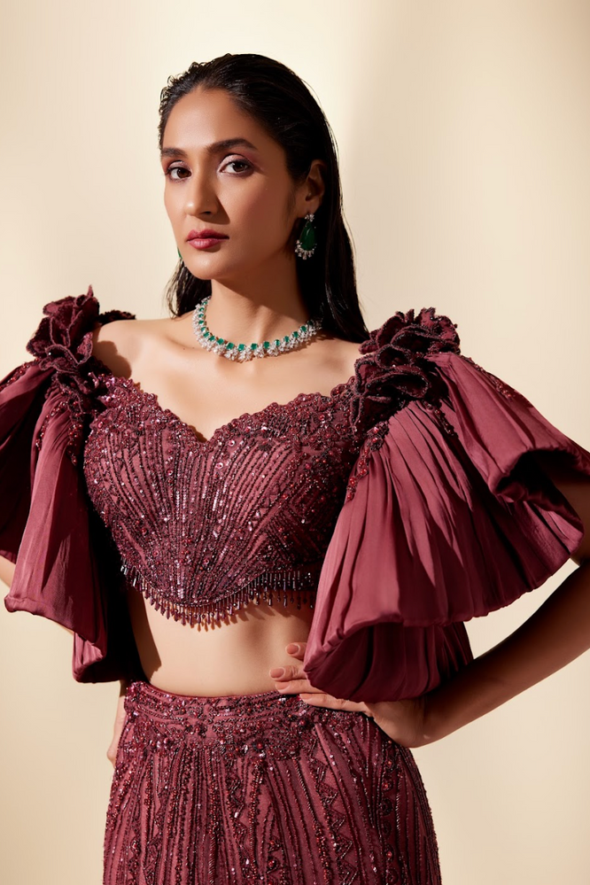 Wine Full Bloom Lehenga