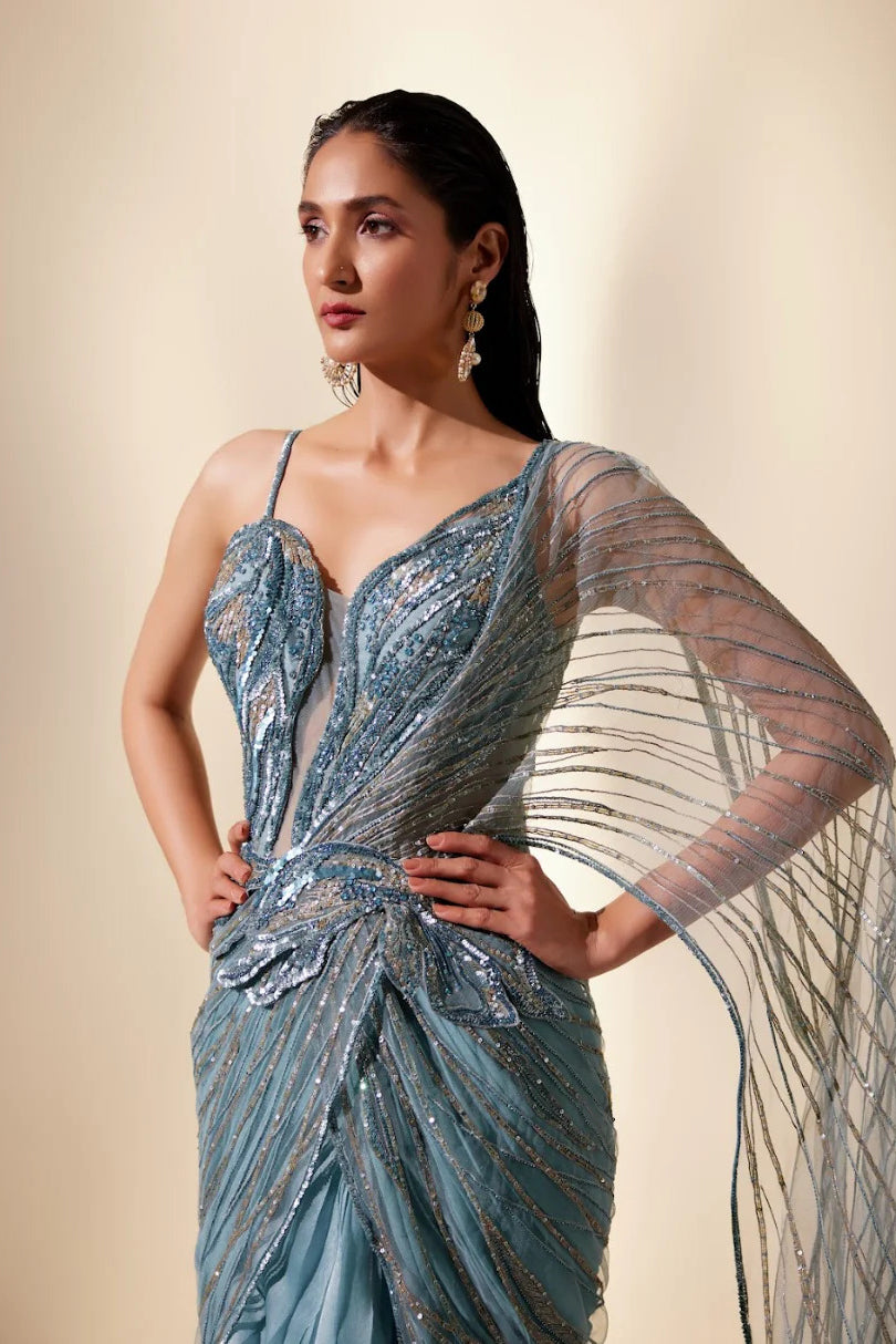 Twilight teal stream saree