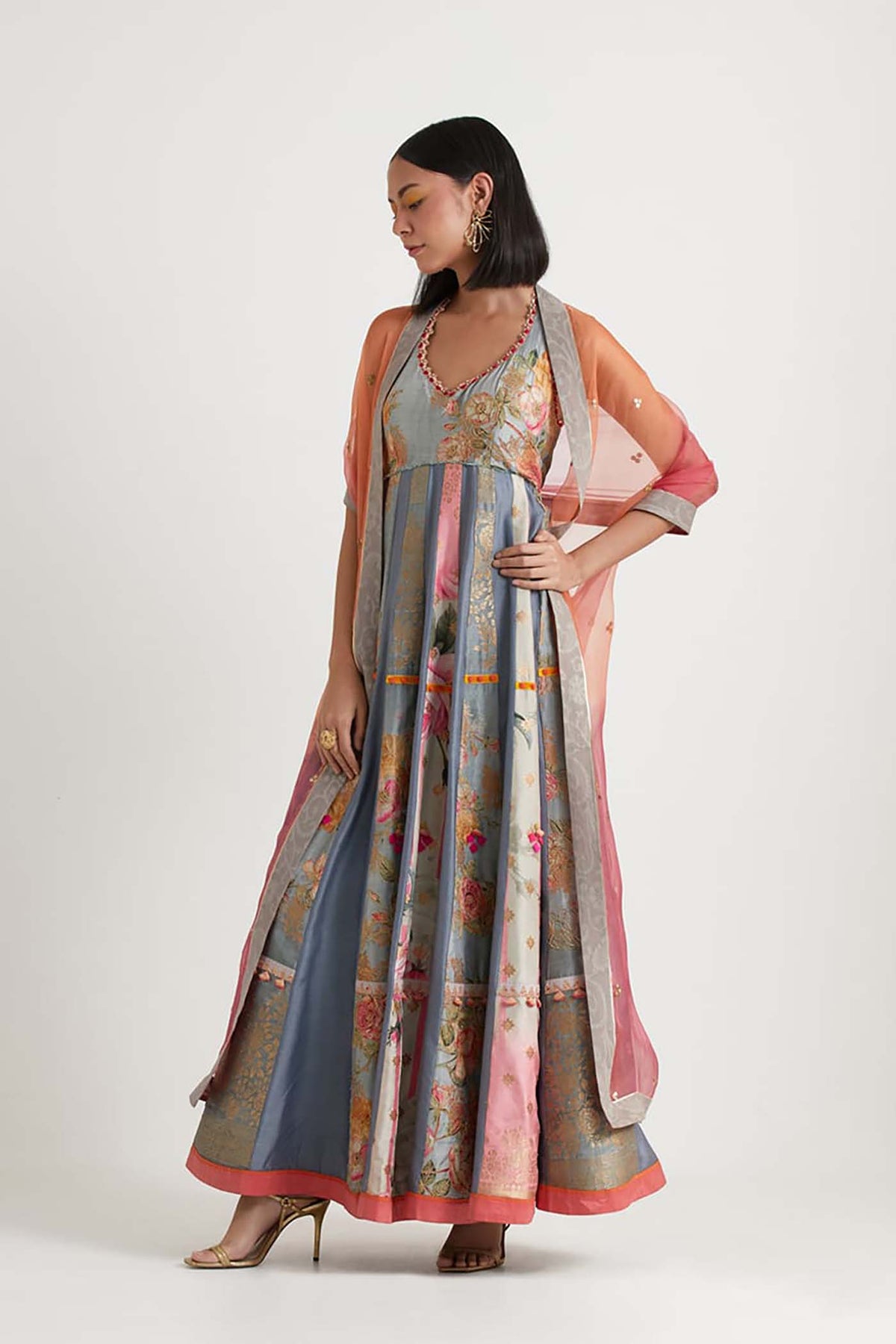 Grey Pink Shaded Anarkali Set
