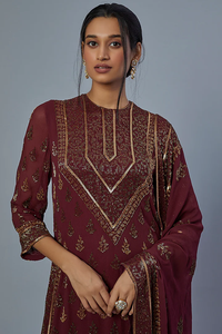 Wine Embroidered Kurta Set
