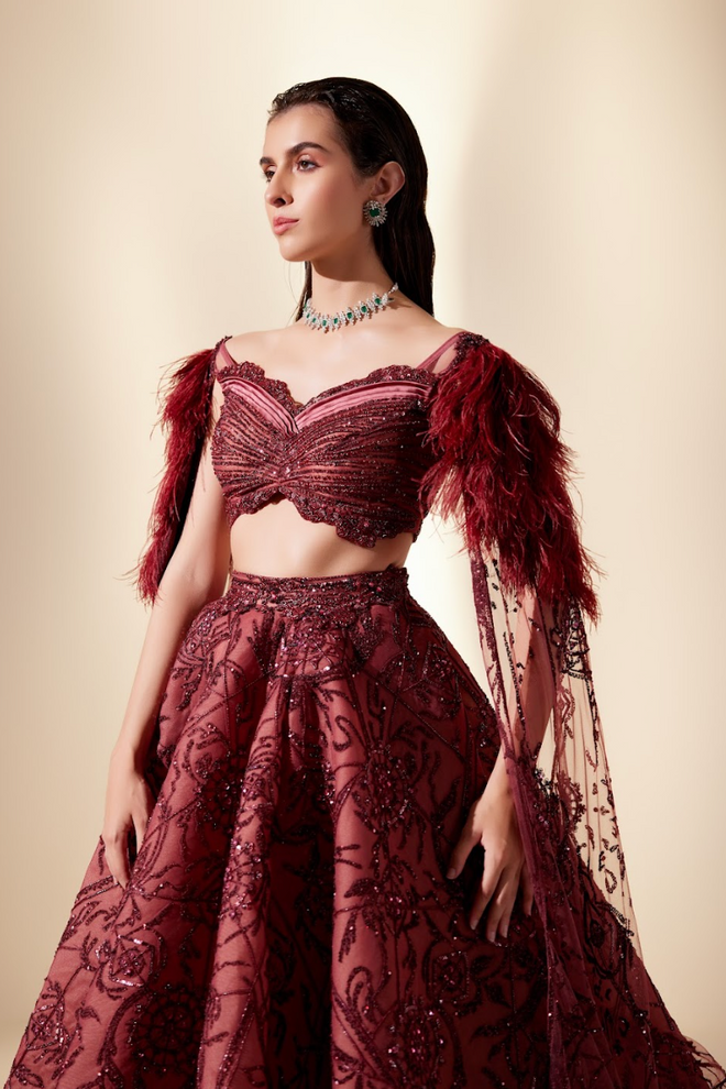 Wine Dewdrop Lehenga