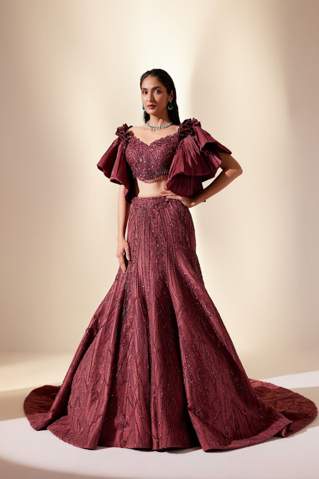 Wine Full Bloom Lehenga
