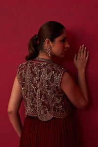 Maroon Glitch Gold Jacket Jumpsuit Set