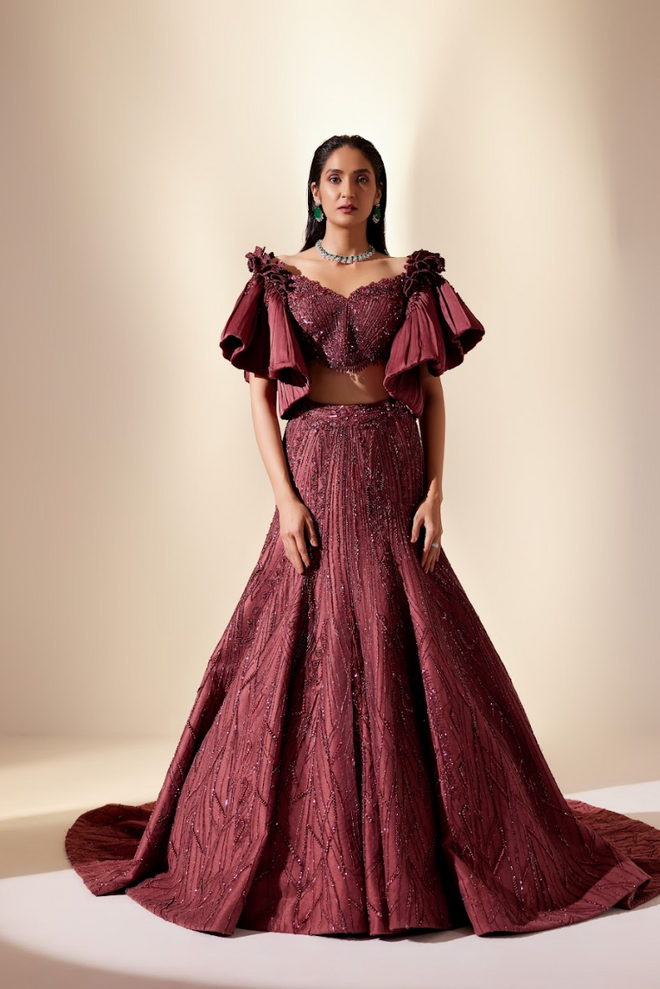 Wine Full Bloom Lehenga