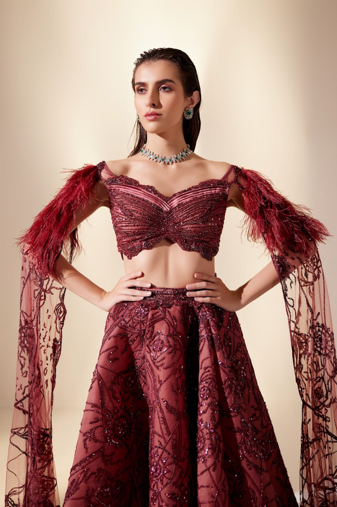 Wine Dewdrop Lehenga