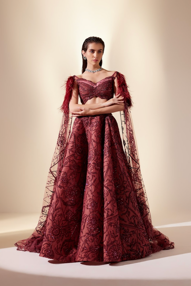 Wine Dewdrop Lehenga