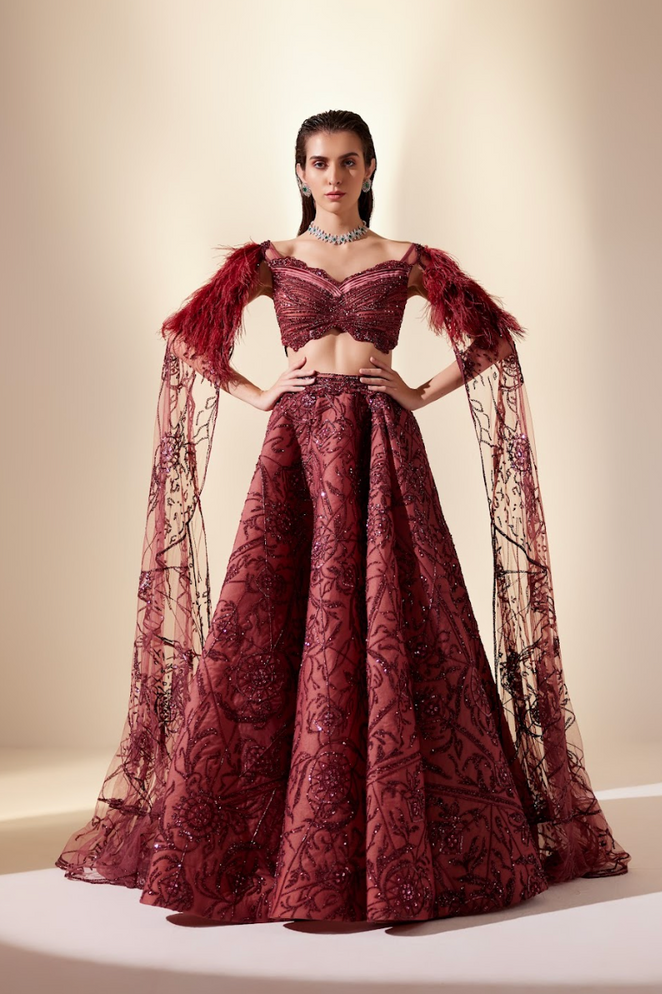 Wine Dewdrop Lehenga