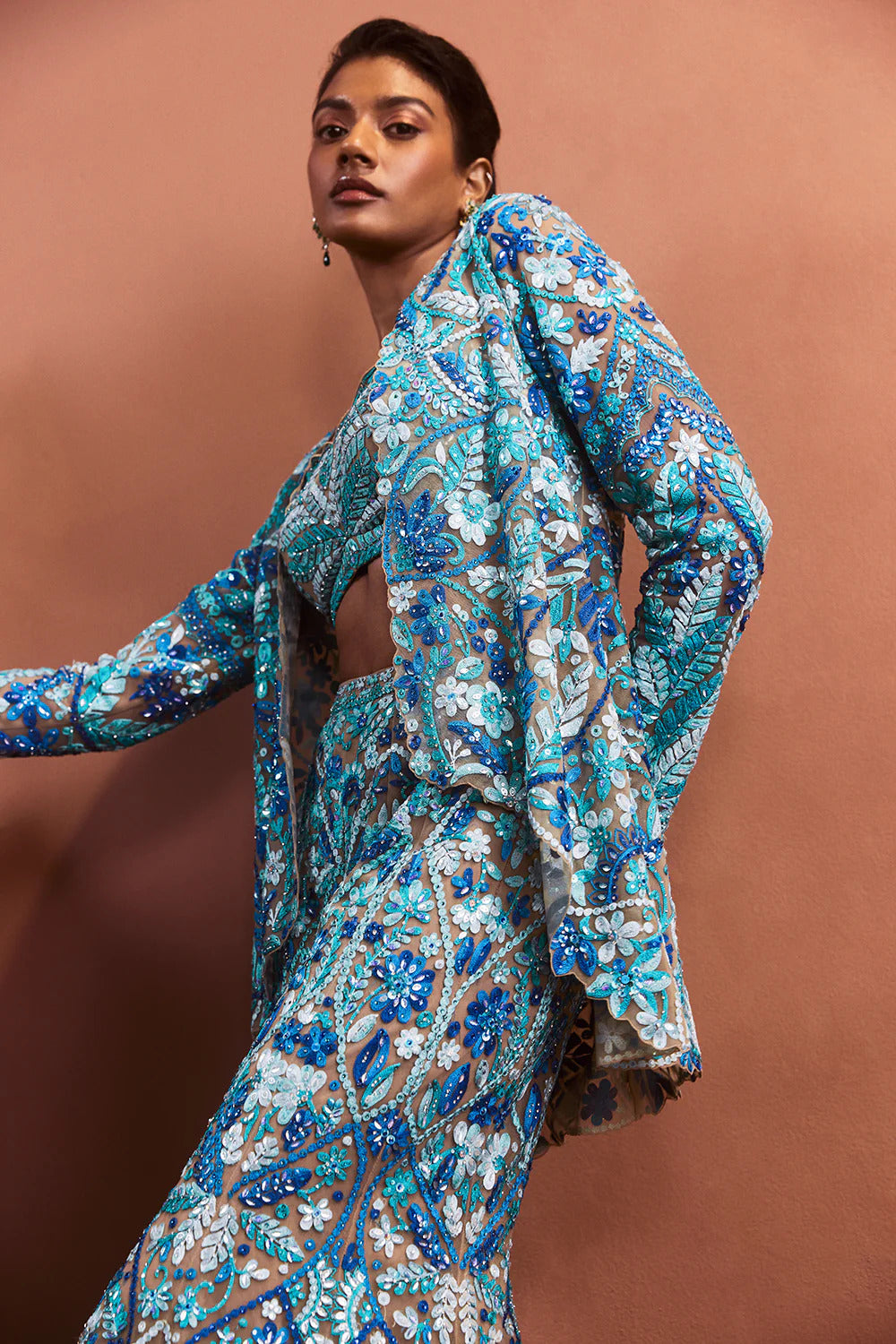Blue-Green Thread Work Jacket Set