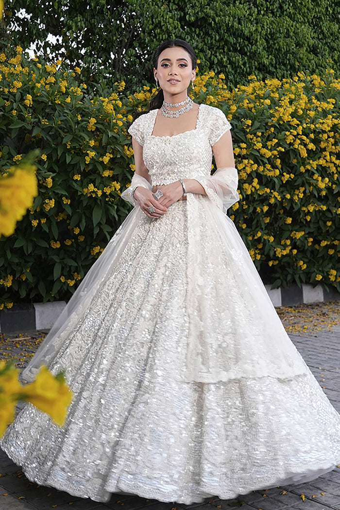 White Net Bead Embroidered Lehenga Set