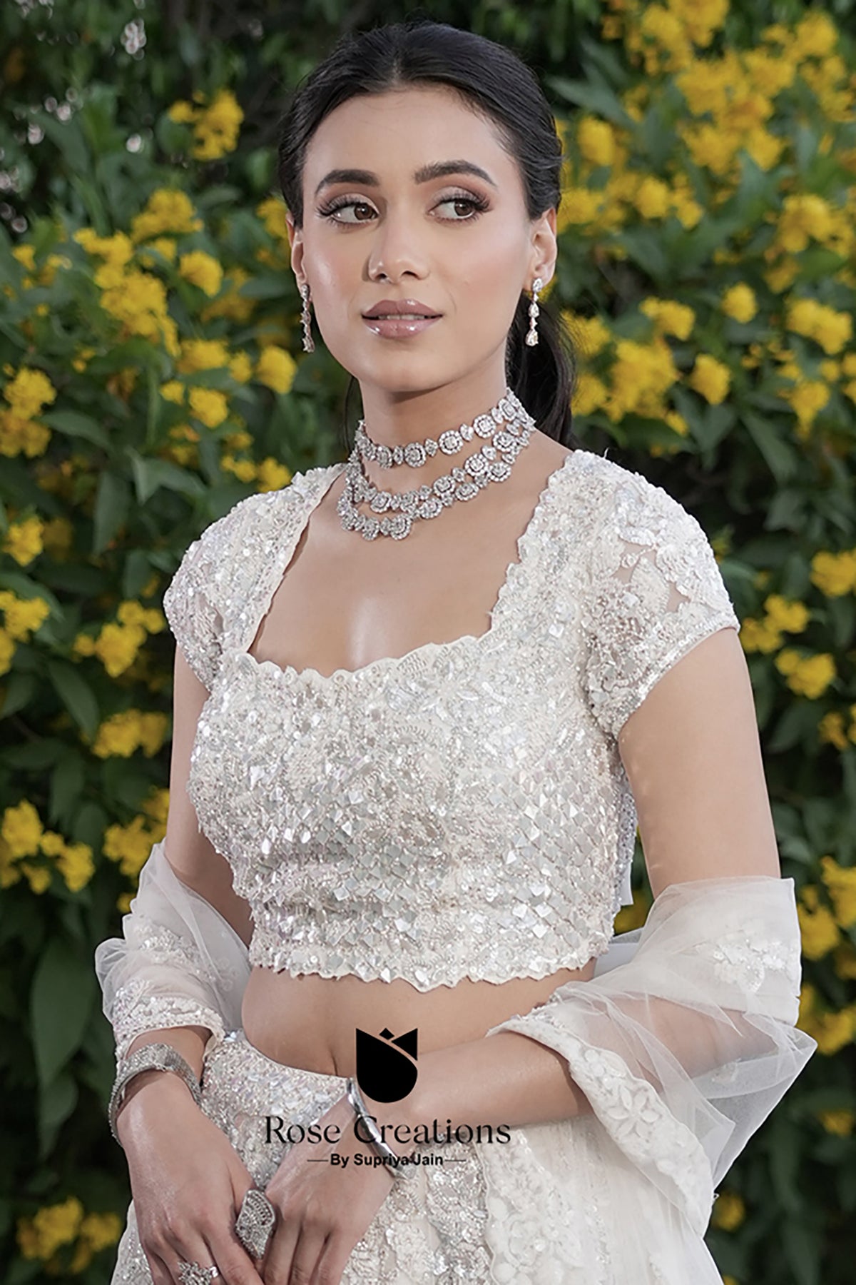 White Net Bead Embroidered Lehenga Set