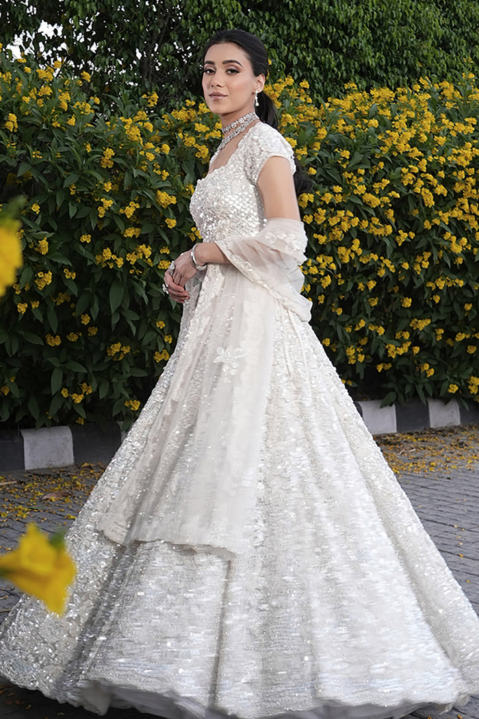 White Net Bead Embroidered Lehenga Set