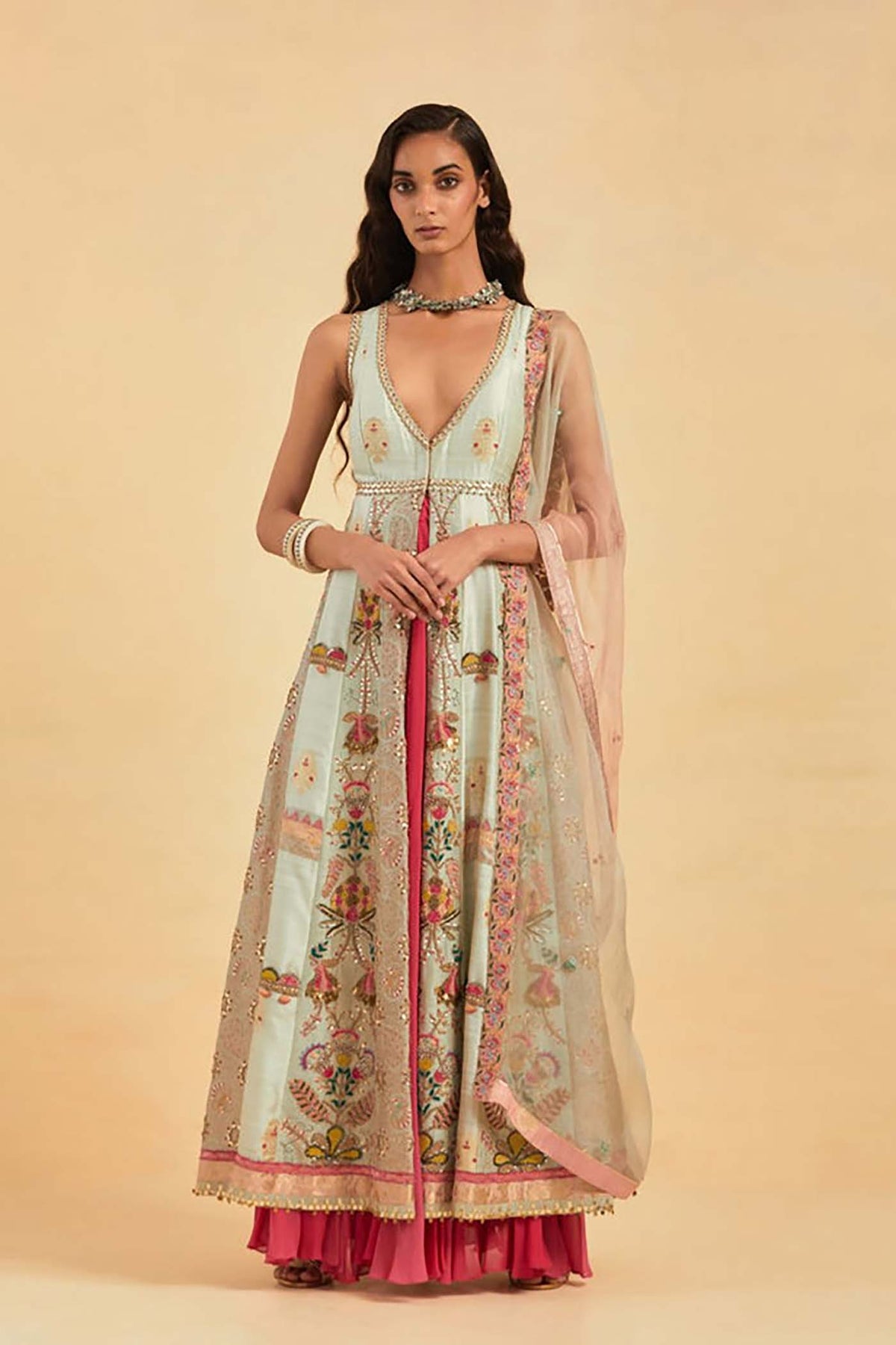 Aqua Embellished Jacket and Skirt Set