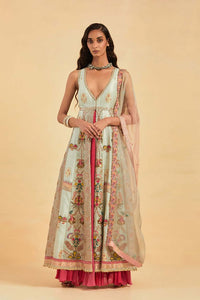 Aqua Embellished Jacket and Skirt Set