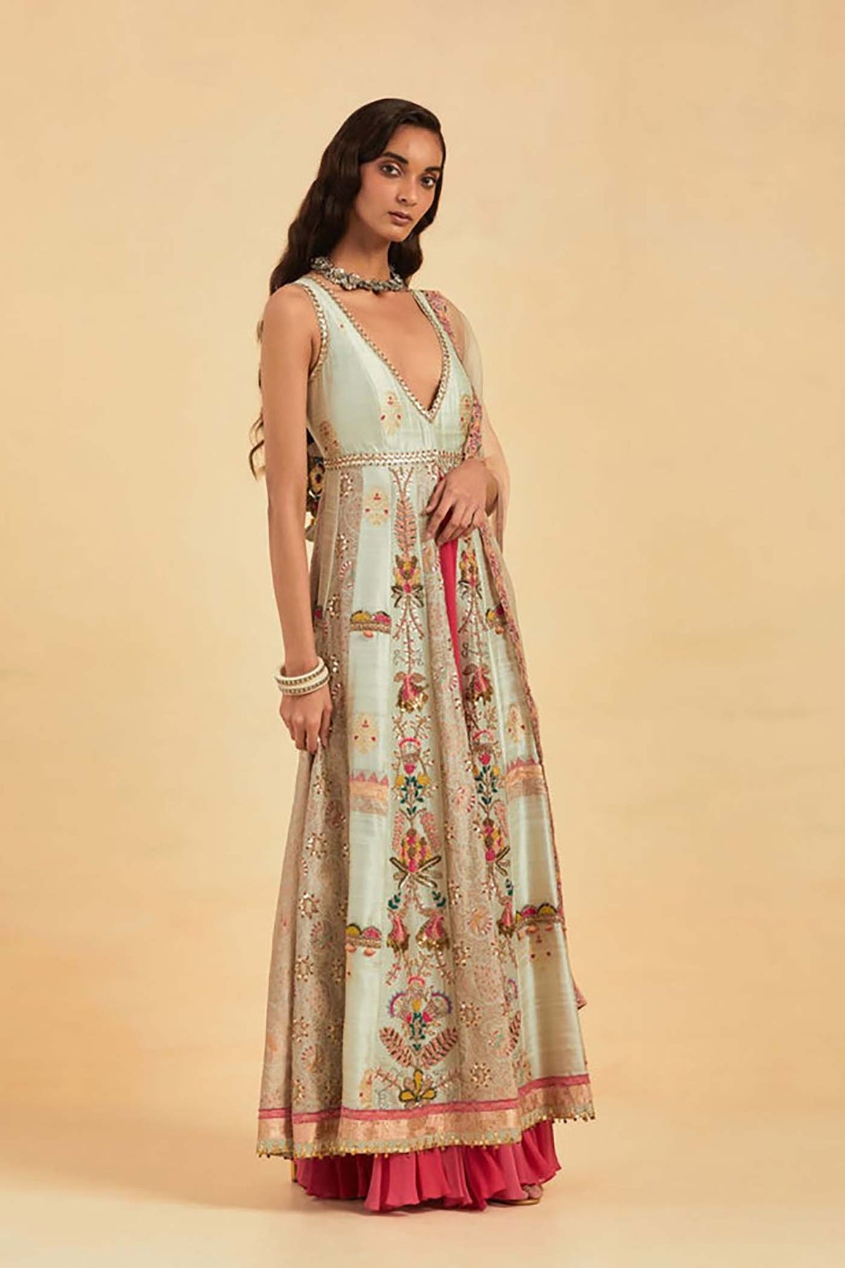 Aqua Embellished Jacket and Skirt Set