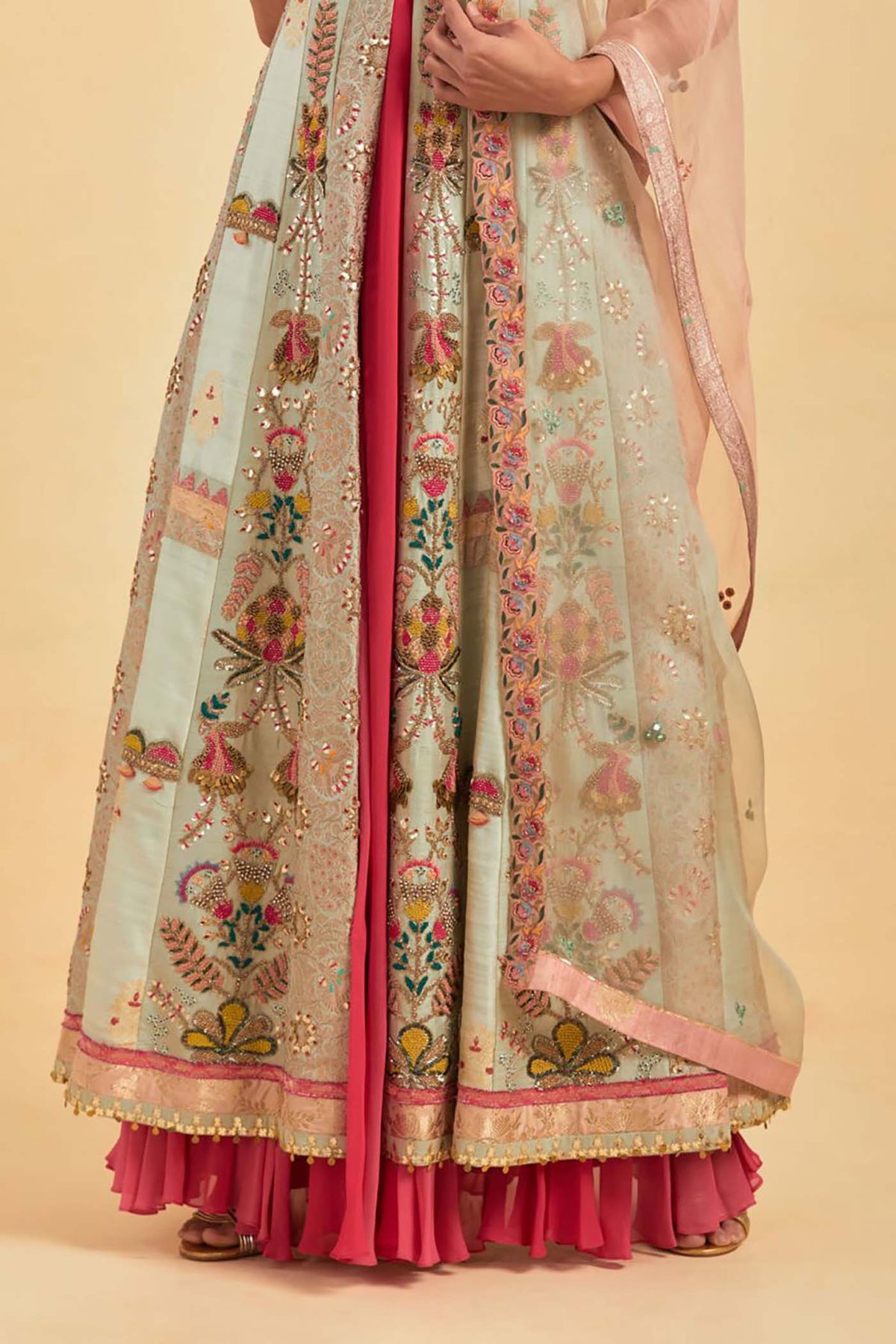 Aqua Embellished Jacket and Skirt Set
