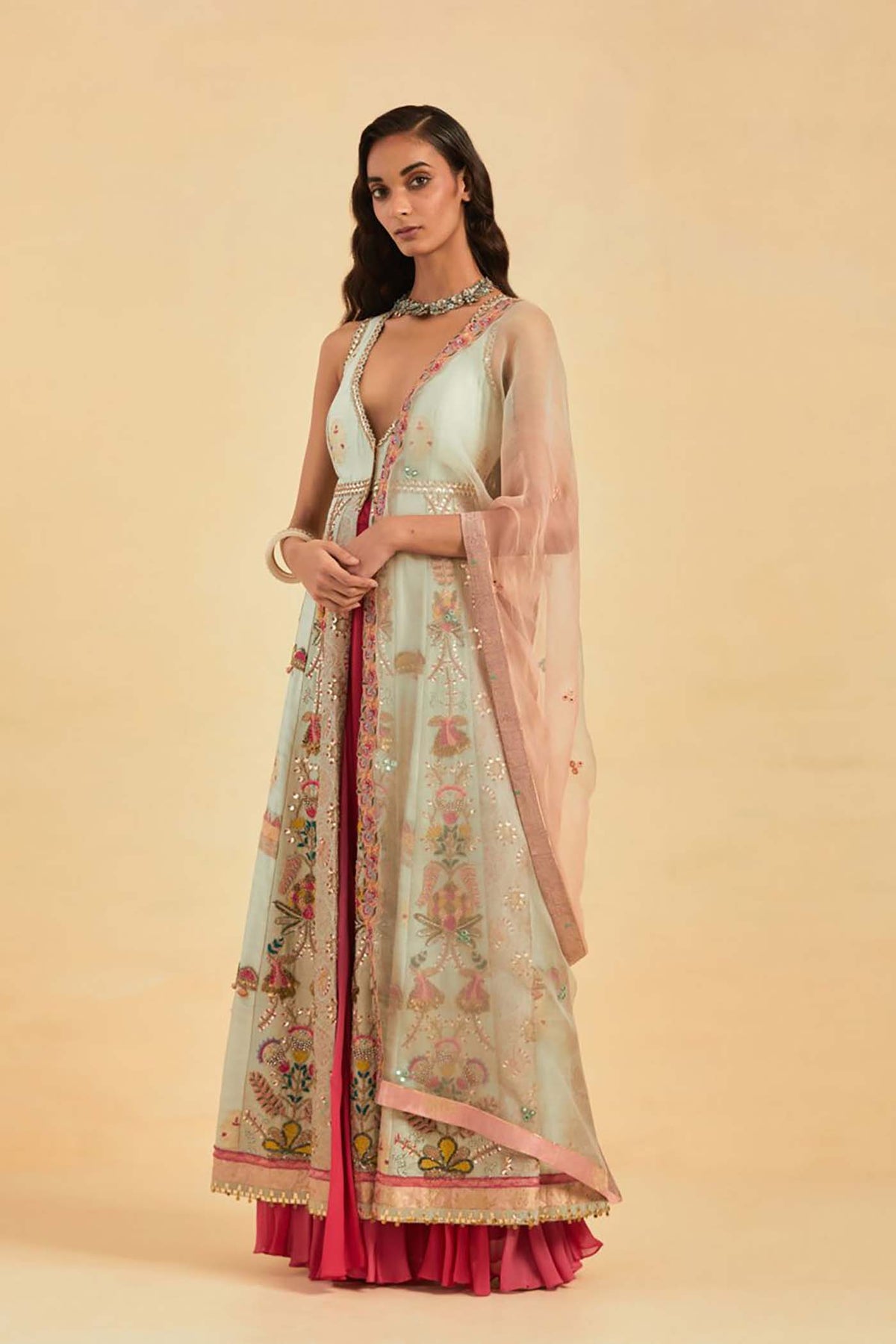 Aqua Embellished Jacket and Skirt Set