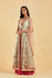 Aqua Embellished Jacket and Skirt Set